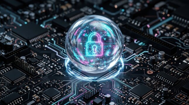 Cyber security digital padlock floating inside a glowing glass sphere on top of a futuristic electronic circuit board motherboard processor backdrop