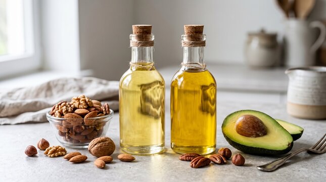 Assorted healthy fats food selection with avocado, nuts, seeds, and olive oil, with blank space for adding text or design