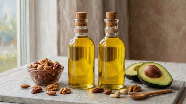 Assorted healthy fats food selection with avocado, nuts, seeds, and olive oil, with blank space for adding text or design
