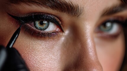 Fototapeta premium Close-up of woman applying black liquid eyeliner to her eye, demonstrating makeup application technique and beauty routine.