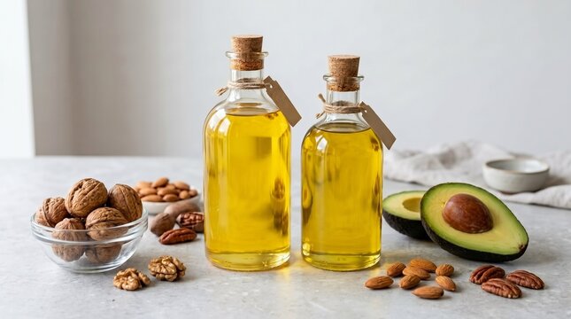 Assorted healthy fats food selection with avocado, nuts, seeds, and olive oil, with blank space for adding text or design