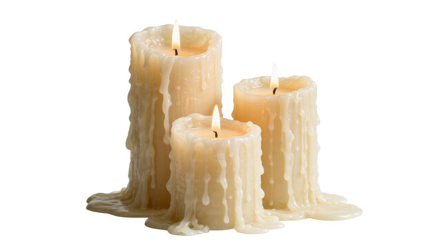 Three dripping wax pillar candles with lit wicks, isolated on transparent background
