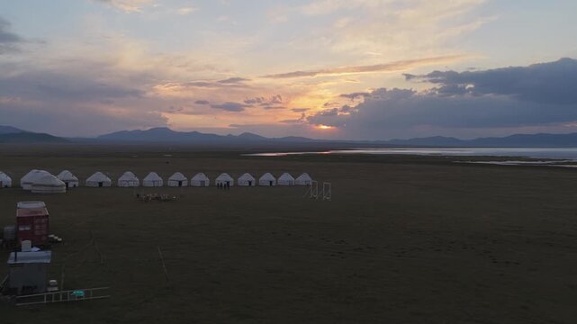 Aerial view of Song Kol Yurt Camp in Kyrgyzstan.