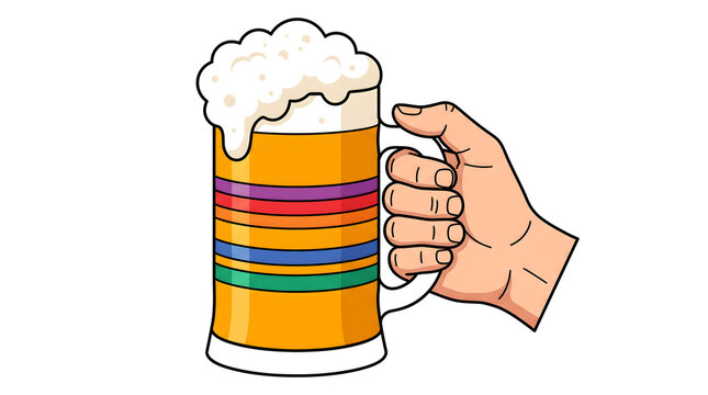 A hand holding a tall glass of beer with colorful stripes and a thick layer of white foam