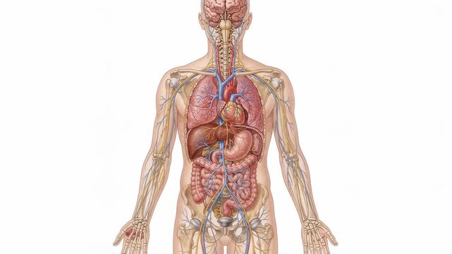 Medical illustration style video, showing a glowing anatomical diagram of the autonomic nervous system with sympathetic and parasympathetic pathways slowly pulsing along the spine and organs