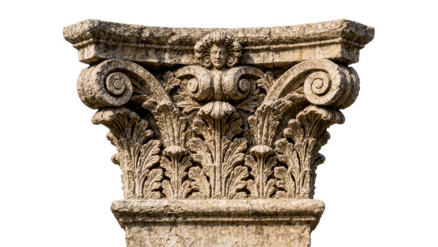 Ornate Corinthian column capital with acanthus leaves and volutes, isolated on transparent background