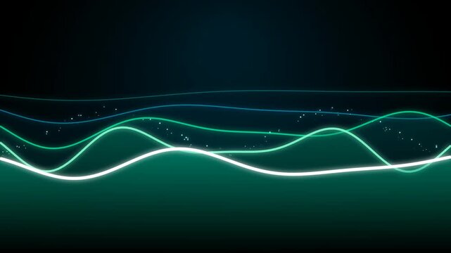 Neon green glowing waves pulsating and moving across a dark background with small floating particles light abstract motion blue lines digital technology futuristic energy pulse flow animation loop
