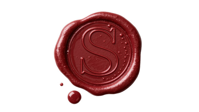 Deep red wax seal with embossed letter S, isolated on transparent background