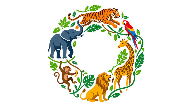 Watercolor illustration of a jungle animal wreath with tiger elephant monkey lion giraffe and a colorful parrot