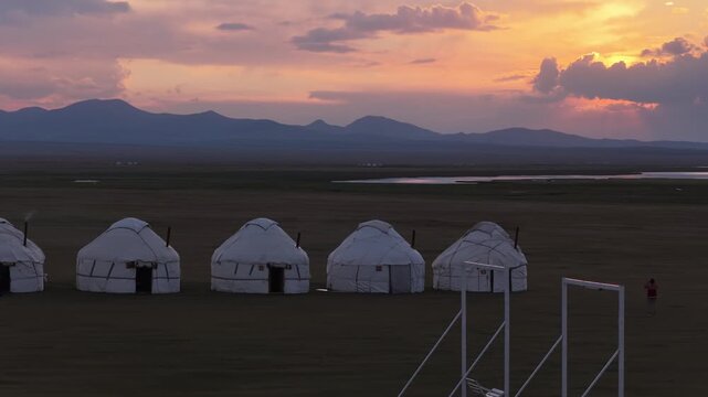 Aerial view of Song Kol Yurt Camp in Kochkor District, Kyrgyzstan.