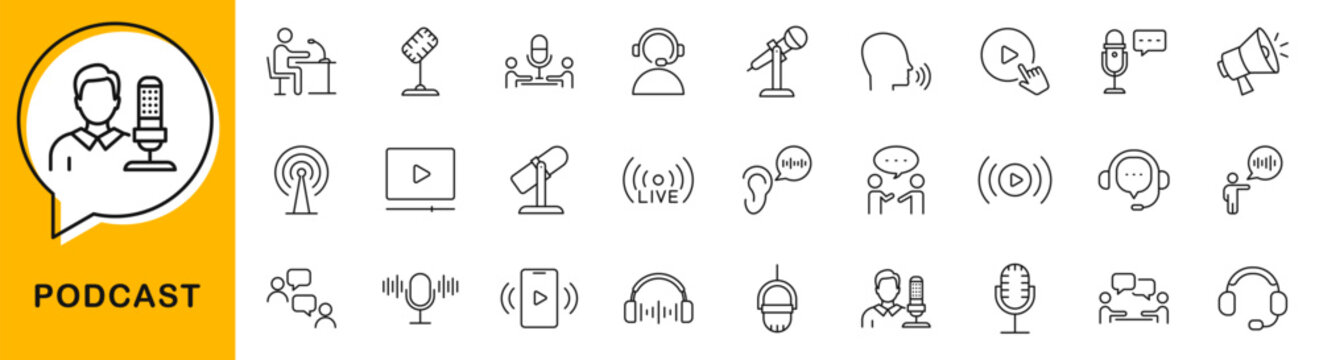 Podcast icon set. Podcasting icons in line style. Editable web icons microphone, radio, video, news, audio, webcast, record, broadcasting, voice, conference etc. Vector illustration.