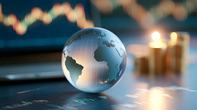 Glass globe on financial data background, stacked coins and rising graph symbolize global finance, investment, economy and stock market growth.