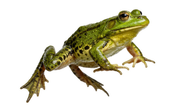Green frog with black spots, isolated on transparent background