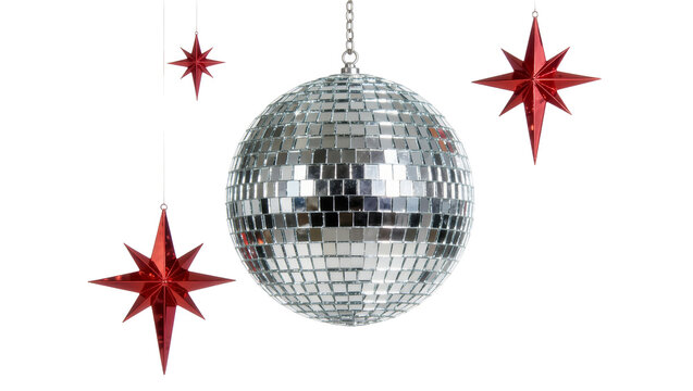 Silver disco ball with red star ornaments hanging, isolated on transparent background