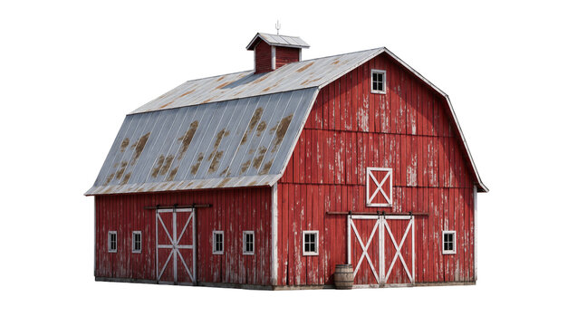 Rustic red barn with weathered wood and corrugated metal roof, isolated on transparent background