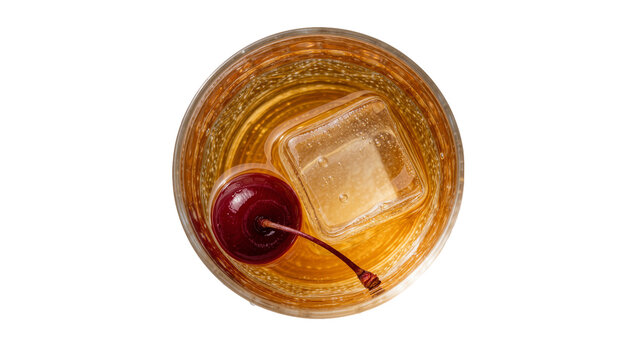 Amber cocktail with ice cube and maraschino cherry, isolated on transparent background