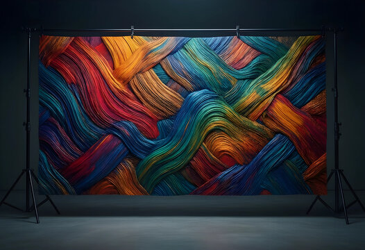 Creativity and artistic expression, colorful abstract oil paint texture on a photography backdrop stand in a dark studio for professional production