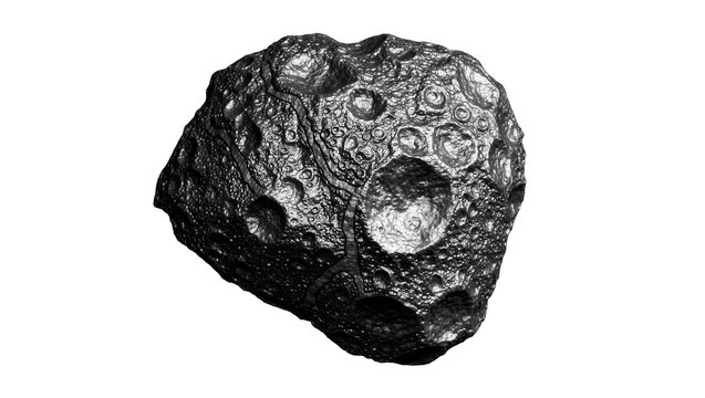 Dark textured asteroid with craters, isolated on transparent background
