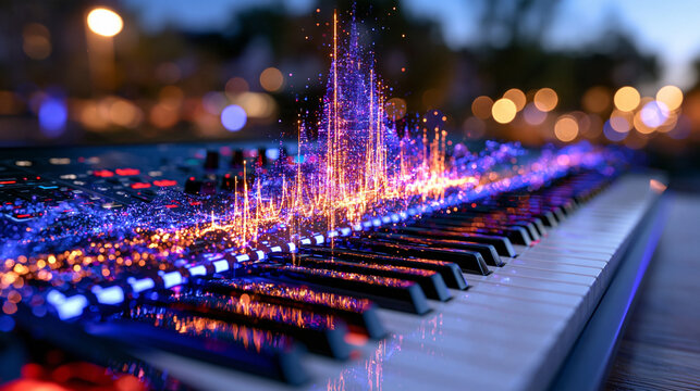 cinematic macro-style image of a modern electronic keyboard beneath glowing waveform patterns transforming into a colorful cloud of digital dots, advanced music technology and generative AI concept,