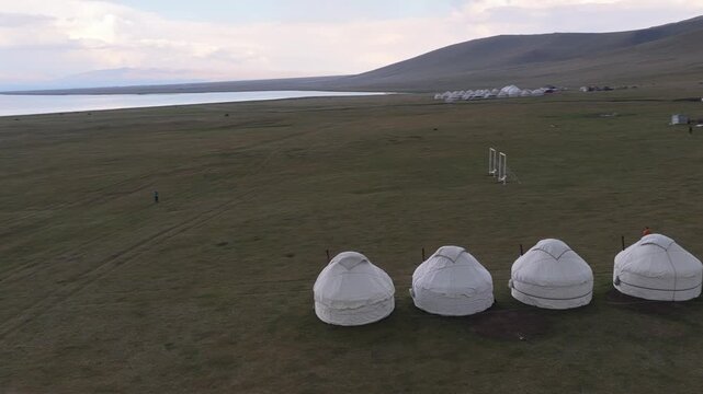 Aerial view of Song Kol Yurt Camp in Kyrgyzstan.