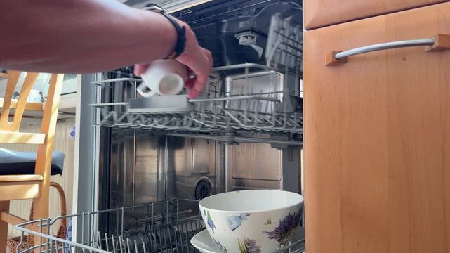 Woman pulls out the upper dishwasher rack and loads plates, cups and glass bowls in a modern home kitchen, showing an everyday household chore. Static shot.