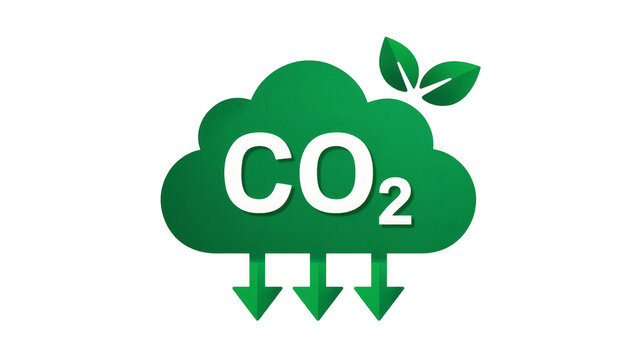 Green CO2 cloud with leaves and downward arrows, isolated on transparent background