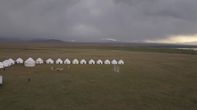 Aerial view of Song Kol Yurt Camp in Kyrgyzstan.