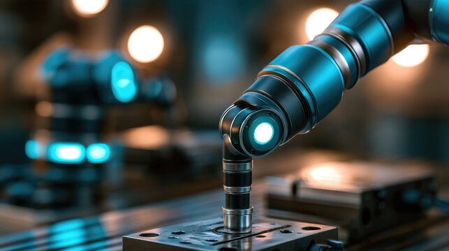 Industrial robotic arm with advanced mechanics in a modern manufacturing setting highlighting precision technology and automation processes.