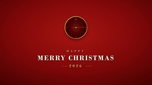 A premium cinematic Christmas greeting animation featuring a large elegant circular clock at upper-center approaching midnight. Gold bezel, blood red clock face, thin hands, and minimal markers