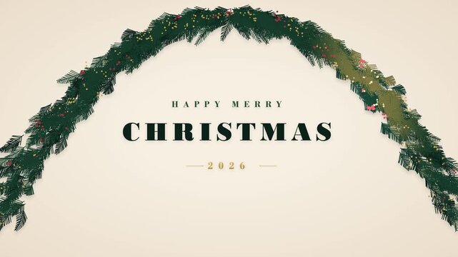 A premium luxury Christmas motion background featuring a minimal procedural evergreen arch framing elegant typography. A subtle sweeping golden highlight travels across the vector pine needles