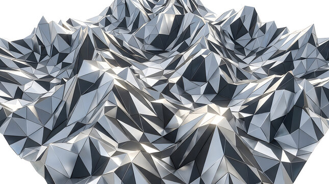 Abstract geometric 3d polyhedral structure with reflective metallic surfaces and intricate patterns