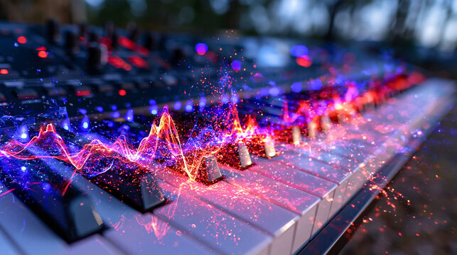 high-detail macro photograph of a contemporary digital music keyboard with bright audio waves emanating from individual keys and dissolving into vibrant particle dots, creative AI and digital sound 