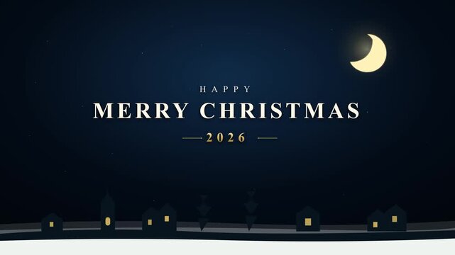 A premium cinematic midnight blue Christmas night sky background featuring an elegant upper-right crescent moon with slow warm glow, a subtle Christmas village silhouette along the snow base, centered
