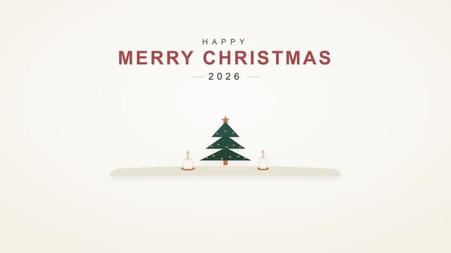 A premium minimalist Scandinavian Christmas background featuring a clean, warm off-white canvas, simple evergreen tree with progressive bottom-to-top warm gold lights, a gently swinging wooden star