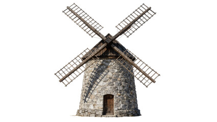 Rustic stone windmill with wooden blades and door, isolated on transparent background © PNGera