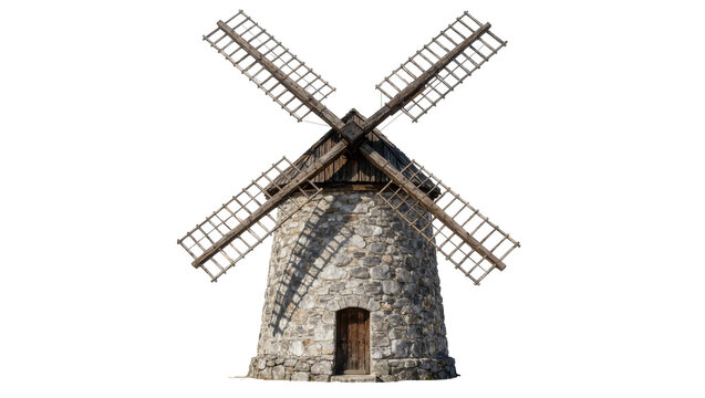 Rustic stone windmill with wooden blades and door, isolated on transparent background