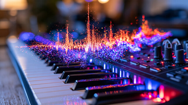 macro close-up of piano-style electronic keyboard keys beneath a stream of glowing audio waveforms transforming into multicolored particles, innovative digital music production, creative AI technolo
