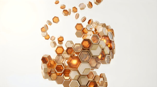 Geometric hexagonal pattern explosion with metallic gold and silver 3d elements