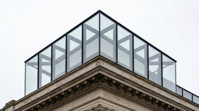 Modern glass pyramid rooftop extension with black steel framing above the ornate stone cornice of a classical building corner against a white sky. Contemporary architectural addition to a heritage bui
