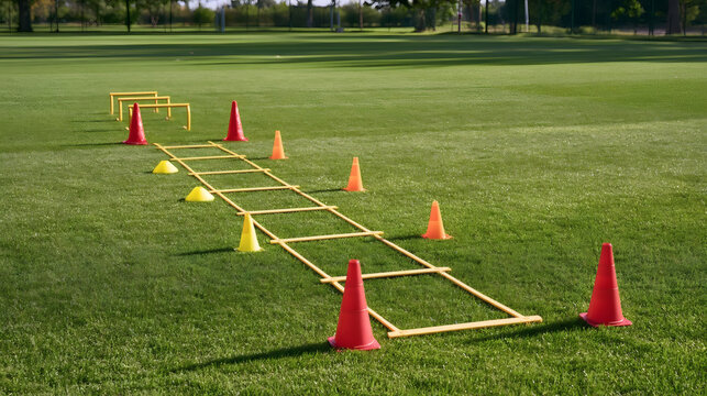 Agility ladder and training cones set up on a green grass field, ready for sports drills or fitness exercise, with bright daylight and clear sky.