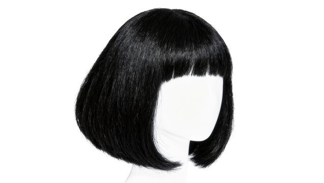 Sleek black bob wig with blunt bangs, isolated on transparent background