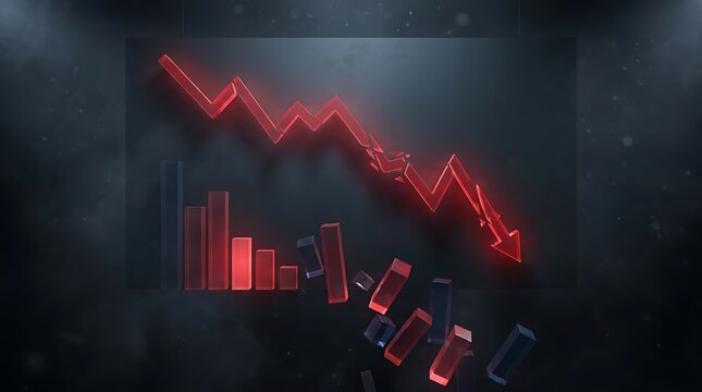 Financial stock market crash and economic recession with neon red falling arrow and broken bar charts in dark environment