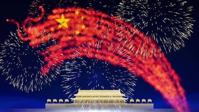China national, public holiday. October 1 national day. Chinese dragon fireworks, tiananmen gate. Fireworks, flag. Happy holiday china. Template banner greeting card. Place for text. 4k seamless loop