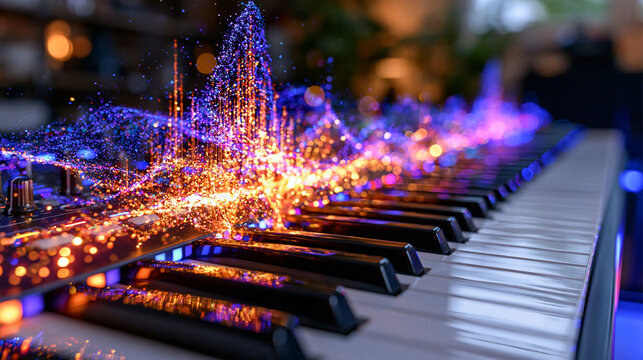 professional music keyboard viewed in dramatic close-up with holographic sound waves flowing above the keys and breaking apart into brilliant colorful dots, AI-assisted audio production concept, neo