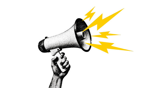 Hand holding megaphone emitting yellow lightning bolts, isolated on transparent background