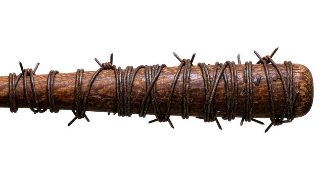 Wooden baseball bat wrapped with rusty barbed wire, isolated on transparent background