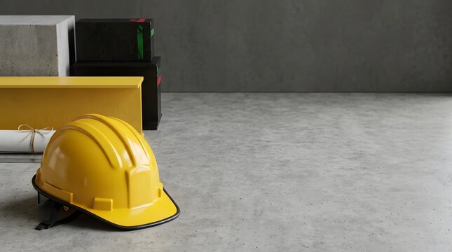 Yellow construction helmet resting near building plans and tools on a concrete floor