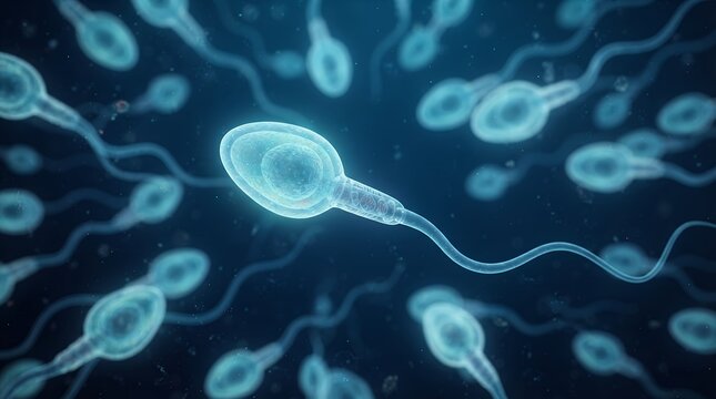 Microscopic sperm cells swimming in blue fluid, human reproductive biology illustration, male fertility and conception medical concept