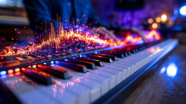 sleek modern MIDI keyboard in a dark recording studio with luminous sound waves rising from the keys and morphing into colorful digital dots, artificial intelligence music creation concept, intense 