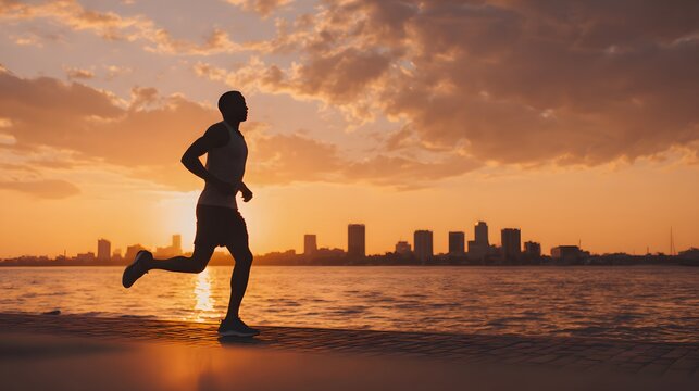 Silhouette of man running at sunset, male jogger cardio workout, city skyline backdrop